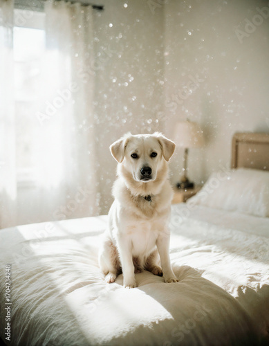 Golden Retriever Sitting on a Bed in Sunny Indoor Ambience