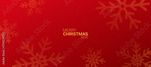 Merry Christmas 2026 message on red background with golden glitter snowflakes and sparkling dots. Holiday greeting card design.