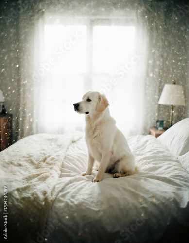 Golden Retriever Dog Sitting on Sunlit Bed in Cozy Indoor Environment