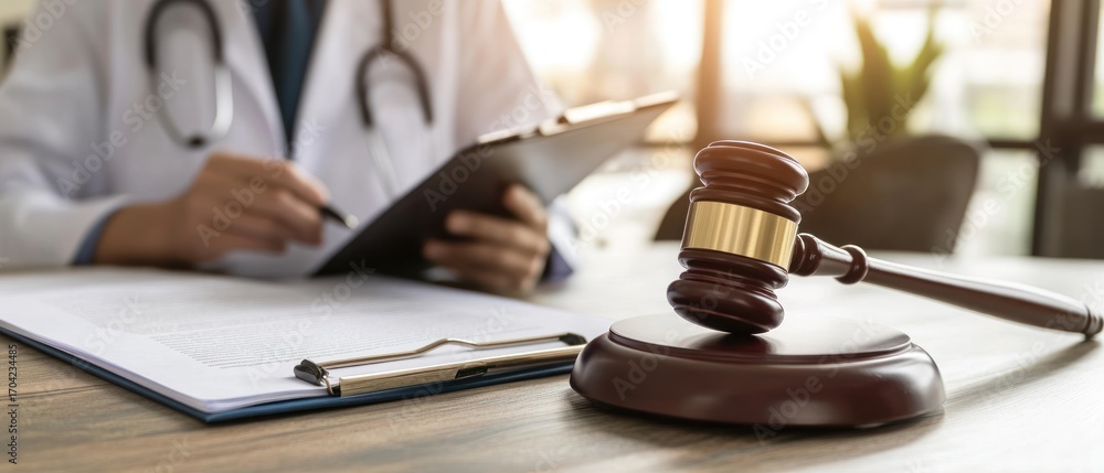Obraz Medical law and justice gavel doctor review document