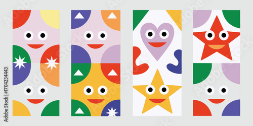 Playful abstract geometric characters with happy faces and colorful shapes arranged in a grid
