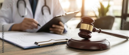 Medical law and justice gavel doctor review document