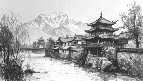 Traditional village with river, mountains. Peaceful village by river, scenic mountain. Majestic mountain village with traditional houses along river. Serene winter village with historical architecture