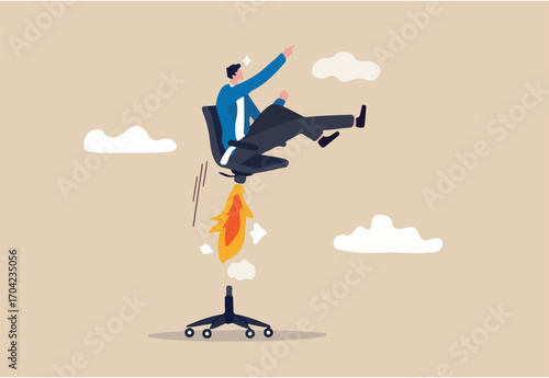 Boost your career development, job promoted to higher position or start new opportunity and motivation to succeed concept, businessman sitting on take off office chair with jetpack or rocket booster.