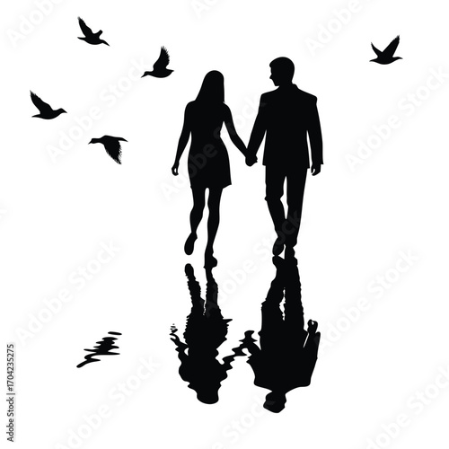 Silhouette of a couple holding hands with birds and reflections 
