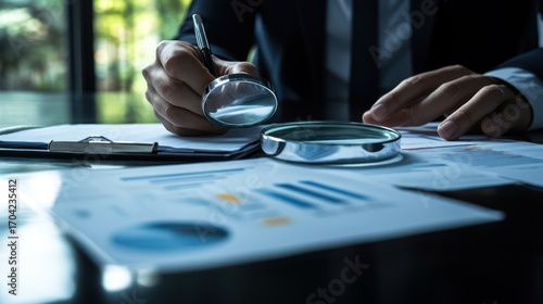 Businessman reviewing documents with magnifying glass
