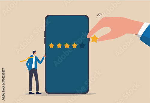 Customer experience or customer review by giving rating 5 stars, feedback from people who use service or application concept, businessman standing with mobile phone with giant hand rating five stars.