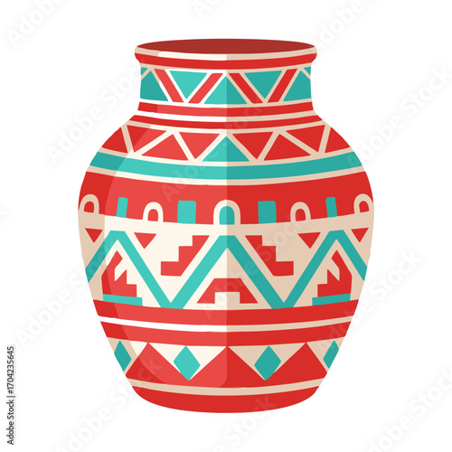 Ornate Red and Teal Decorative Ceramic Pot with Tribal Pattern.