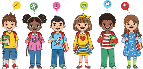 Diverse Cartoon Children with Backpacks and Books, Each with Colorful Speech Bubble Icons Representing Interests