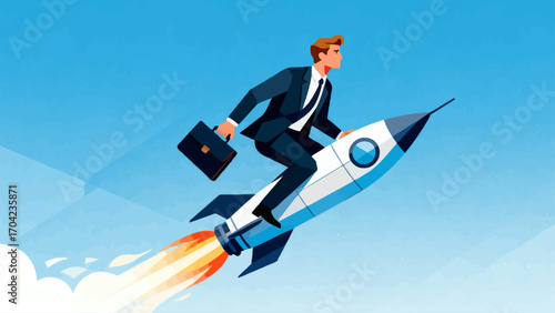 A business figure riding an ascending rocket, hand-drawn vector illustration
