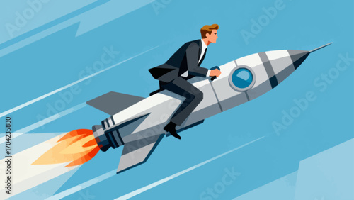 A business figure riding an ascending rocket, hand-drawn vector illustration