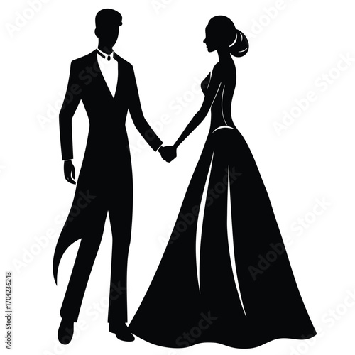 Bride and groom holding hands in formal attire silhouette 