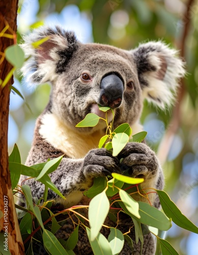 Close-up of koala eating eucalyptus leaves in tree
