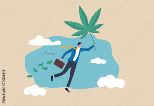 Make money and rich with marijuana CBD oil or cannabis business, invest and earn millions in cannabis stocks concept, rich man flying with cannabis leaf holding suitcase full of money banknotes