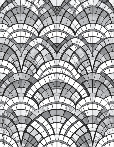 Repeating pattern of stylized arches, gray and white, mosaic effect