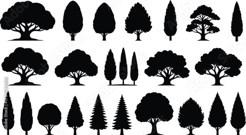 Collection of diverse tree silhouettes in various shapes and sizes, including deciduous and coniferous species for nature and landscape design