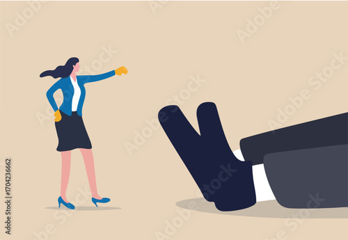Woman rights, gender inequality fight back, business winning victory concept, brave businesswoman wearing boxing globes just punch knock out giant businessman on the floor.