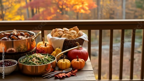 General Nature & Environment Autumnal Feast with Pumpkins and Fall Vegetables on Balcony