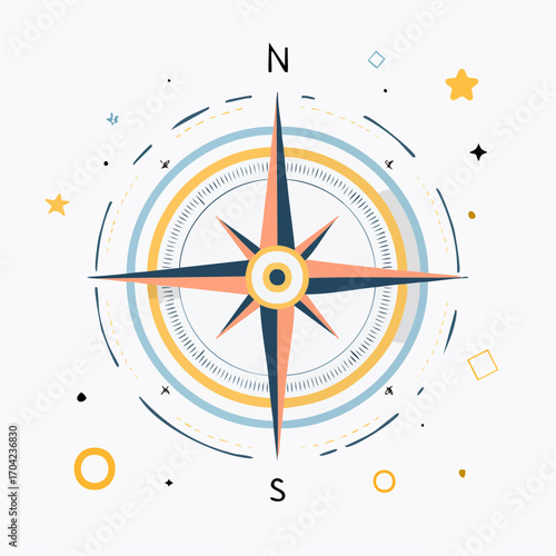 Vector illustration of a nautical compass rose with navigation arrows and a north sign