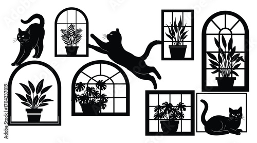 Black cat silhouettes jumping and stretching near potted plants in window frames jumping cat stretching cat