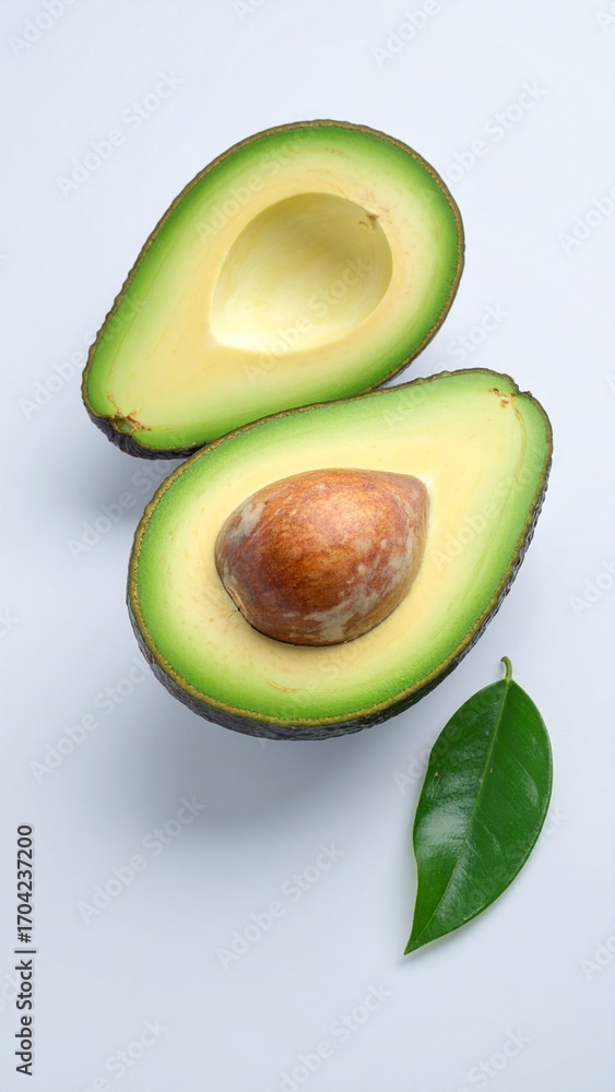 Fototapeta premium Ripe Avocado Half with Green Flesh and Brown Seed Isolated on White Background for Tropical Fruit Object and Healthy Nutrition Concept
