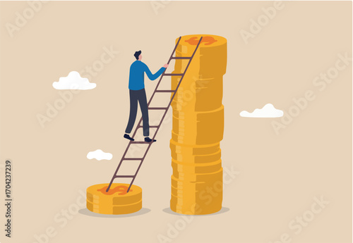Wage, income or salary increase, investment profit rising up, wealth management for higher return concept, success businessman investor climbing up ladder from low dollar money stack to the higher one