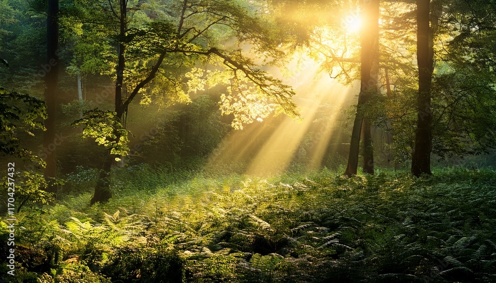 Obraz premium Enchanting Golden Sunlight Filtering Through Lush Greenery Creating A Dreamy Ethereal Atmosphere