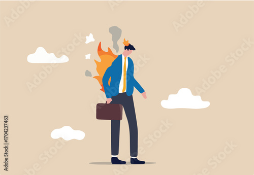 Employee burn out, exhausted from overworked or overload task, mental problem or stressful from too much workload concept, depressed businessman office worker with fire burn on his head and suit.