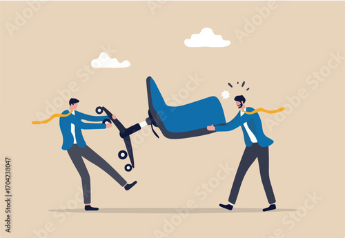 Business competition, fight or compete for vacancy, job promotion or career development concept, businessmen competitor fight and pulling office management chair.
