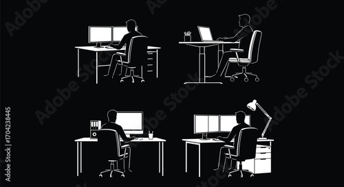 Silhouettes of people working at desks with various computer setups, showcasing diverse office workstations, remote work, and ergonomic design concepts
