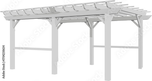 White wooden pergola vector illustration with lattice roof design, four posts, outdoor garden shade structure, architectural landscaping element, patio decor concept