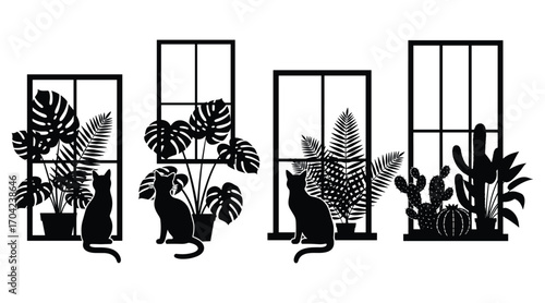 Black silhouette cats and potted plants in windows vector