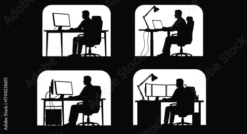 Silhouettes of people working at desks with various computer setups, showcasing diverse office workstations, remote work, and ergonomic design concepts