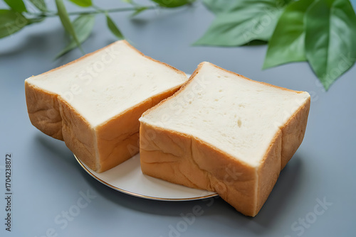 fresh white bread slices on plate, soft fluffy bread with natural leaf background