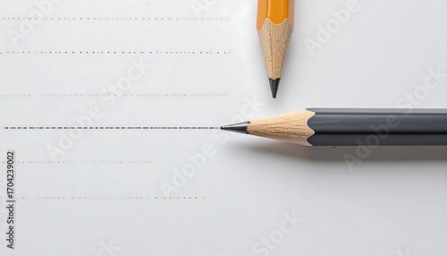 Two pencils, one yellow, one gray, on lined paper, points facing each other, near a dotted line