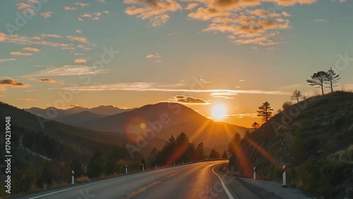 Cinematic Photography of Scenic Highway During Vibrant Orange Sunset with Mountainous Terrain
