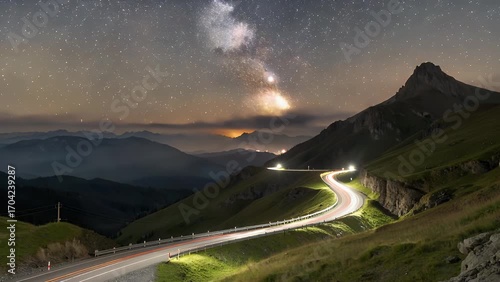 Winding And Curving Pathway For Vehicles Traveling Through Mountainous Region Illuminated Beneath Night Sky Filled With Countless Stars And Streaks Of Light From Traffic