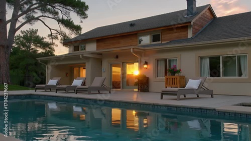 extensive property exterior featuring reclining chairs on veranda adjacent to body of water during the evening