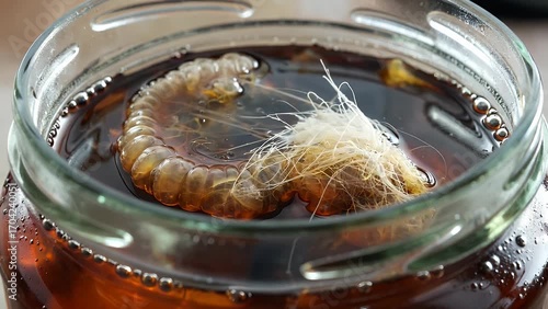 Homemade Fermented Probiotic Tea Beverage Containing Symbiotic Colony of Microorganisms in Glass Container