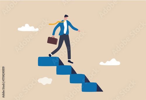 Step down from CEO of company, retire from work or career concept, success businessman stepping down the stair after achieve all goals in his life.