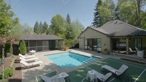 Contemporary exterior living space featuring swimming basin and playing surface, modern rear property area containing pool, hoops court, and garden shelter enclosed by abundant flora under cloudless 