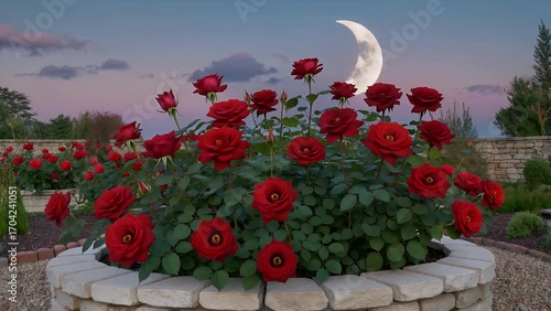 The of crescent moon shape alongside fully bloomed red rose flowers located within garden setting