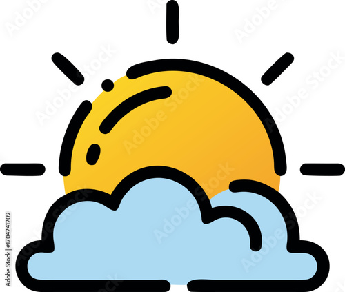 Vector art of the sun is partially obscured by a cloud on a clear day