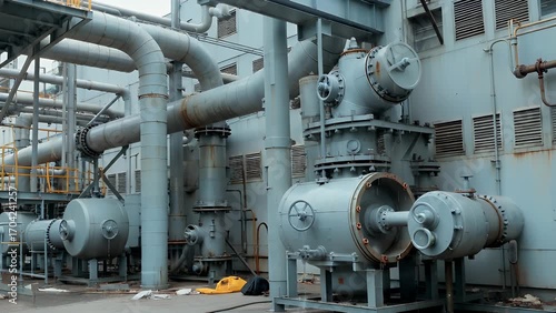 Extensive Manufacturing District with Interconnected Metallic Conduit Systems and Heavy Machinery Apparatus in Cool Azure Hues