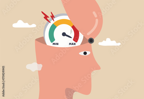 Stress and anxiety level, exhausted and fatigue from work causing depressed and mental illness concept, human head open to see stress level or tired meter rising and reaching maximum in his brain.