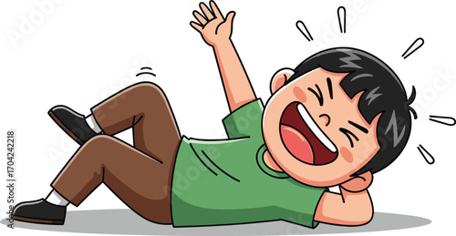 Cartoon boy laughing on the ground, happy expression, lying down, wearing green shirt, joyful moment, fun character illustration