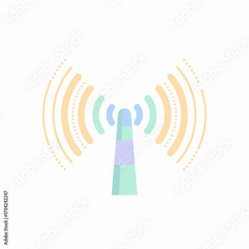 Minimal flat vector of 5G antenna with signal waves, pastel tones, and clean 2D design. Perfect for telecom, technology, wireless network, innovation, and mobile communication concepts