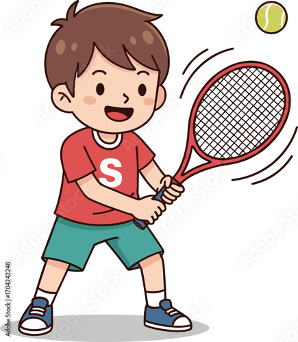 Cartoon boy playing tennis with racket and ball, happy child enjoying outdoor sports, active kid wearing red shirt and blue shorts