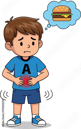 Cartoon boy with stomach ache holding belly, thinking about burger, unhealthy food craving, sad child, blue shirt, digestive problem, kid pain