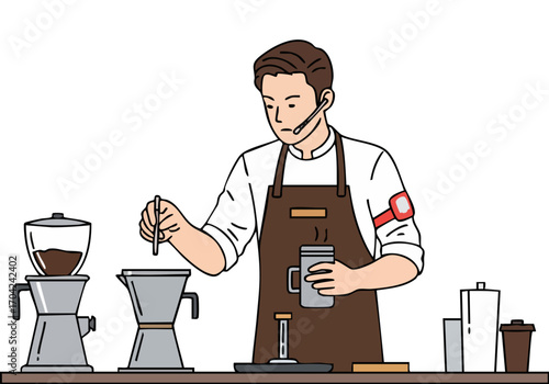 A barista competes in a coffee brewing championship. Focused on precision and skill, he expertly operates brewing equipment. Professional, detailed, and vibrant.